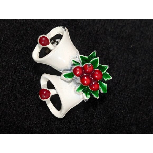 Vintage Christmas Bell Pin Brooch White Metallic Red holly Berry - Picture 3 of 8